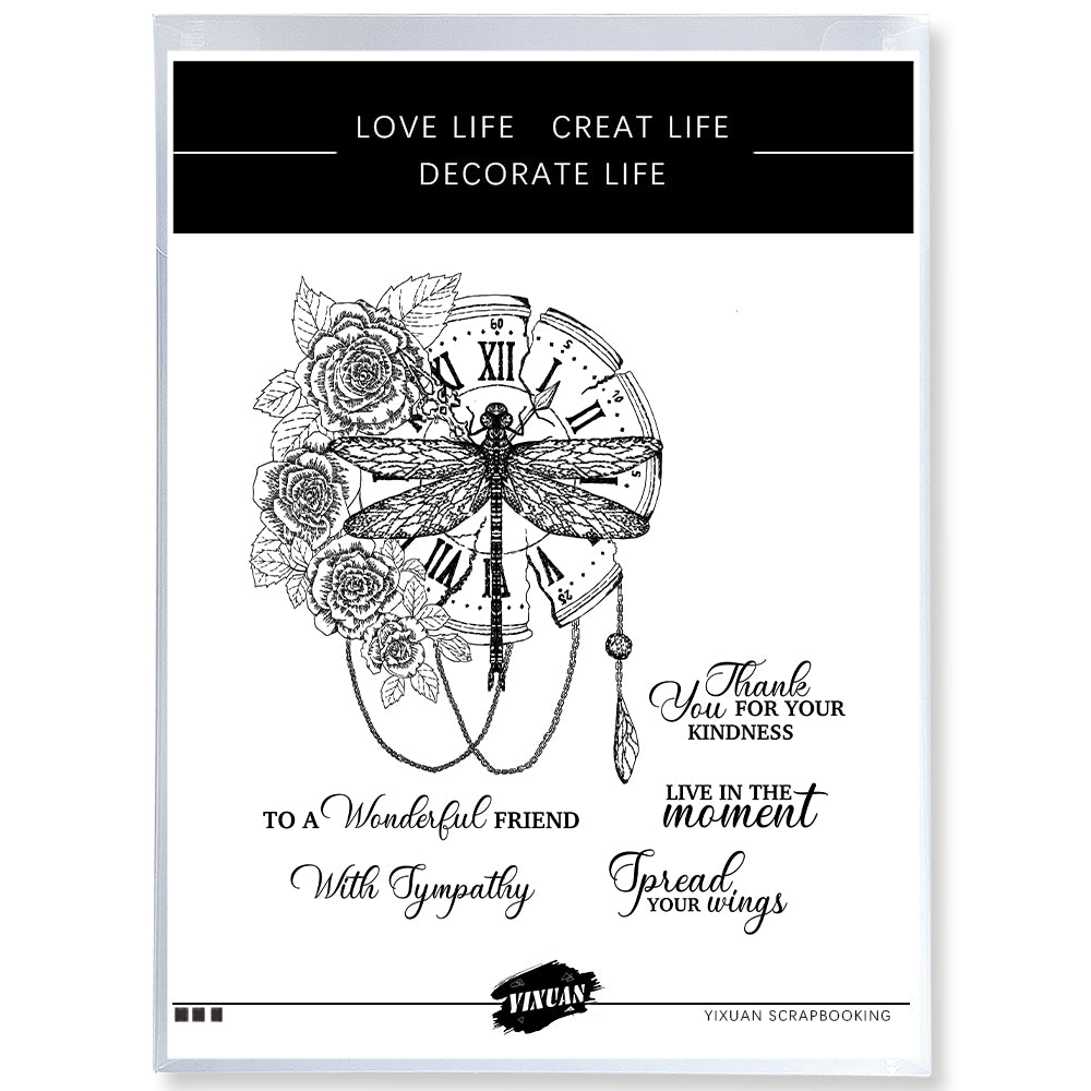 Vintage Roses Flower And Dragonfly Clock Clear Stamp YX1108