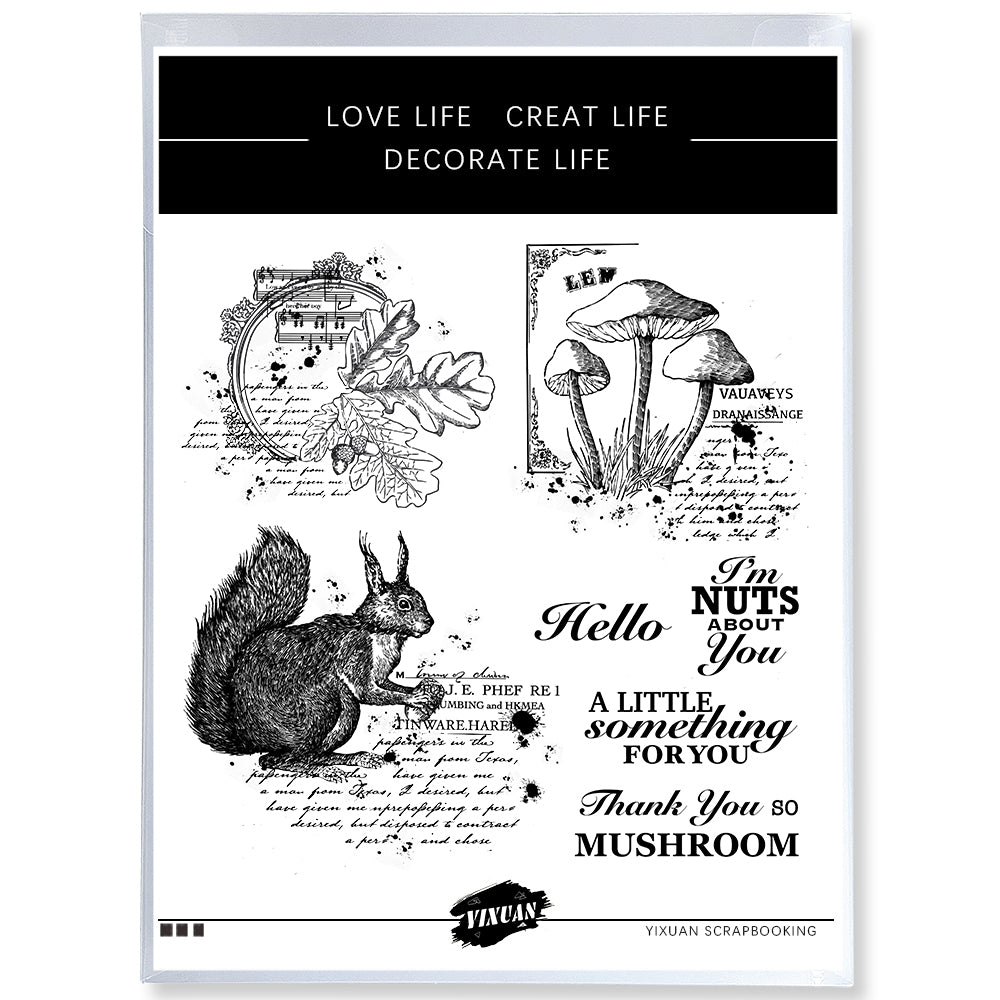 Nature Forest Mushroom Squirrel Vintage Clear Stamp YX1105