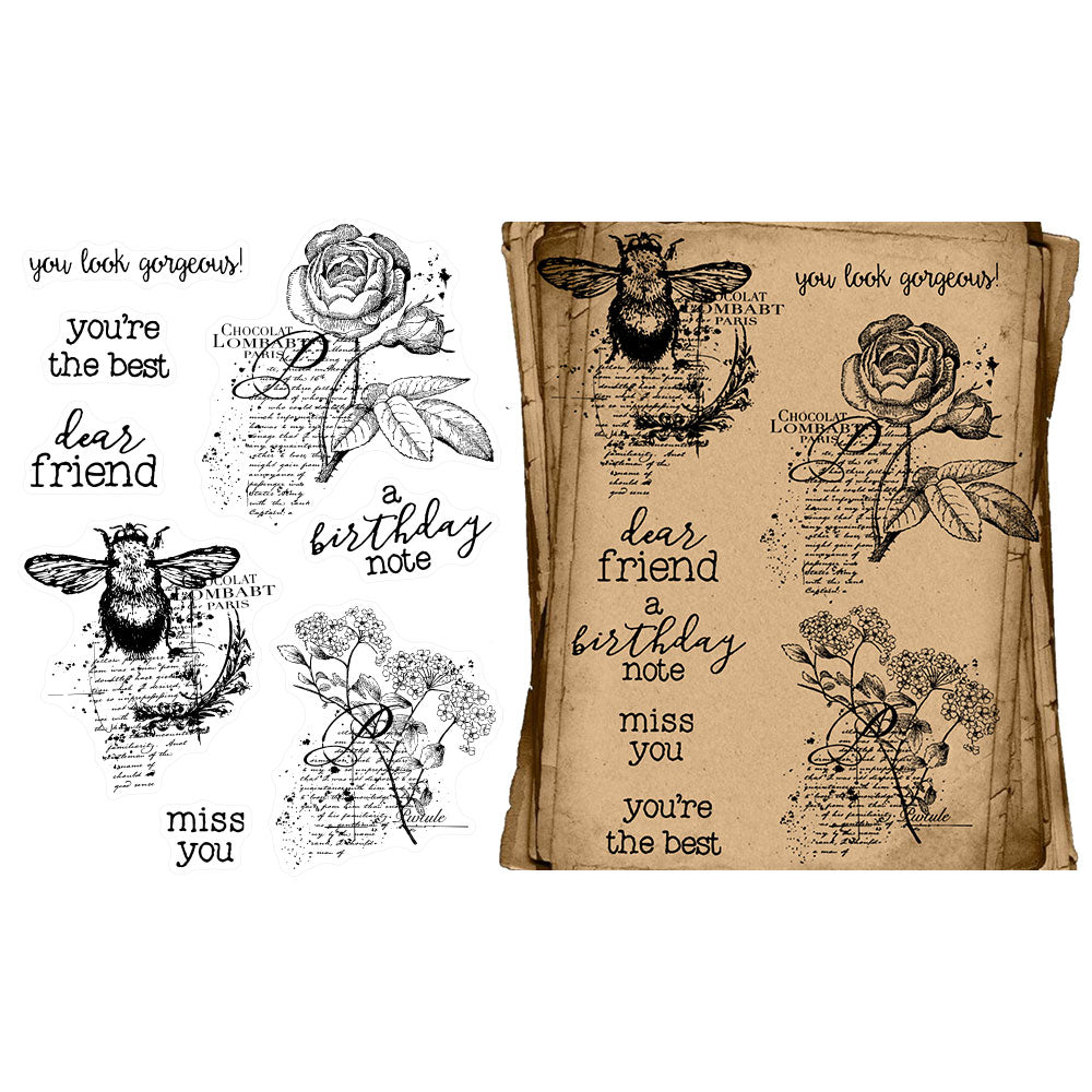 Vintage Busy Bees And Flowers Clear Stamp YX788