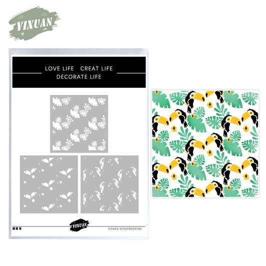 3pcs Palm Leaves And Cute Birds Plastic Stencils For Decor Scrapbooking Cards Background 20220817-117