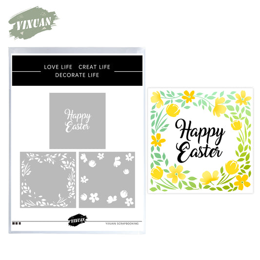 3pcs Happy Easter And Leaves Floral Plastic Stencils For Decor Scrapbooking Cards Background YX998