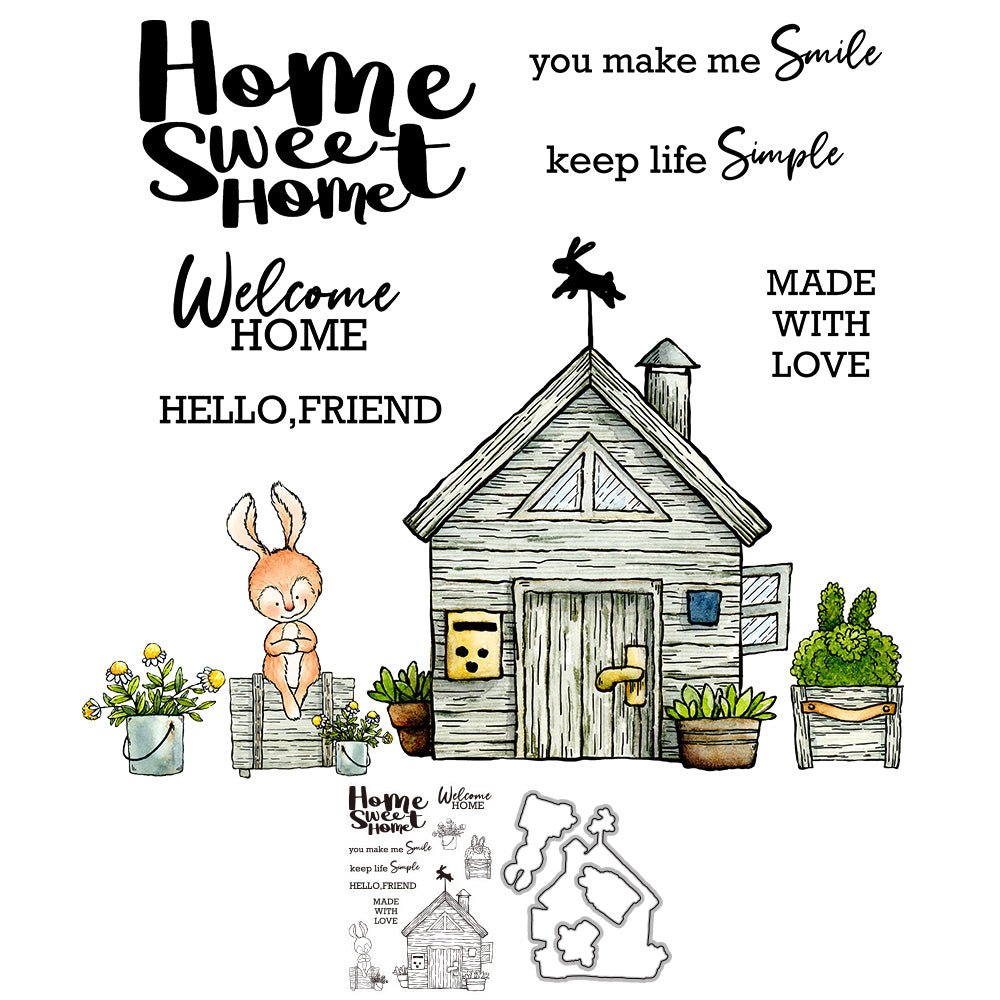 Cute Easter Rabbits And Cottage Cutting Dies And Stamp Set YX897-S+D