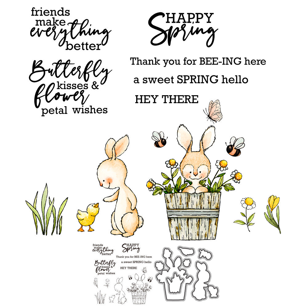 Kawaii Easter Rabbits And Chickens Spring Floral Cutting Dies And Stamp Set YX896-S+D