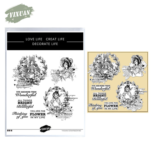 Beautiful Girls In Flowers Wreath Retro Clear Stamp YX1103