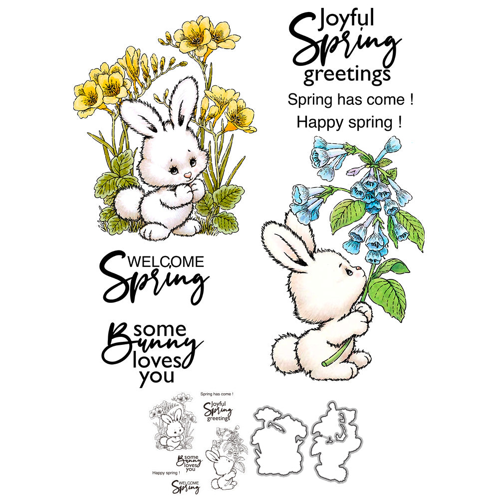 Spring Flowers And Cute Rabbits Cutting Dies And Stamp Set YX899-S+D