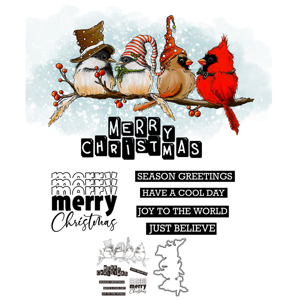 Cute Christmas Birds In Hats Cutting Dies And Stamp Set YX884-S+D