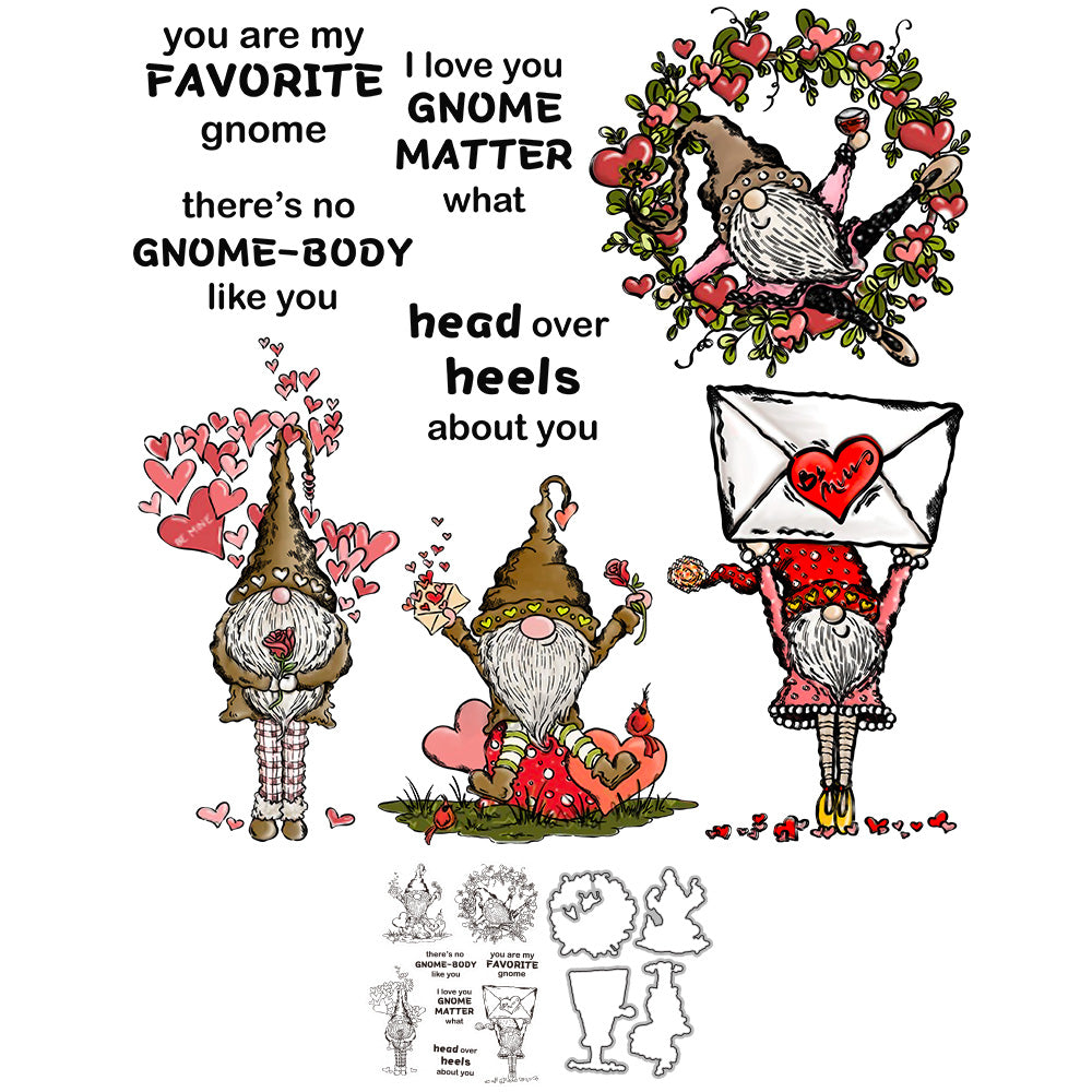 Cute Love Gnome And Hearts Cutting Dies And Stamp Set For Valentine's Day YX900-S+D