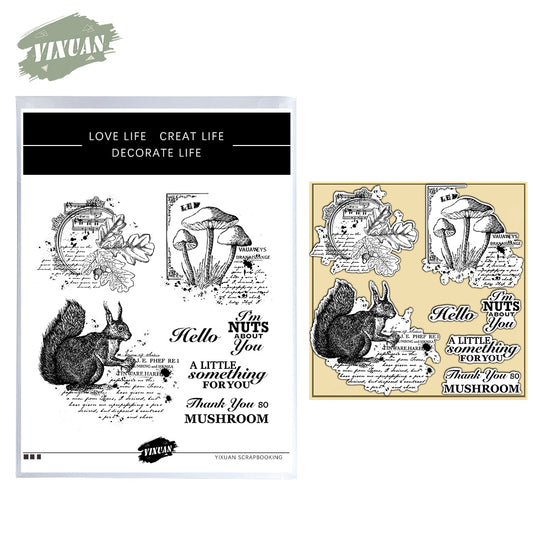 Nature Forest Mushroom Squirrel Vintage Clear Stamp YX1105