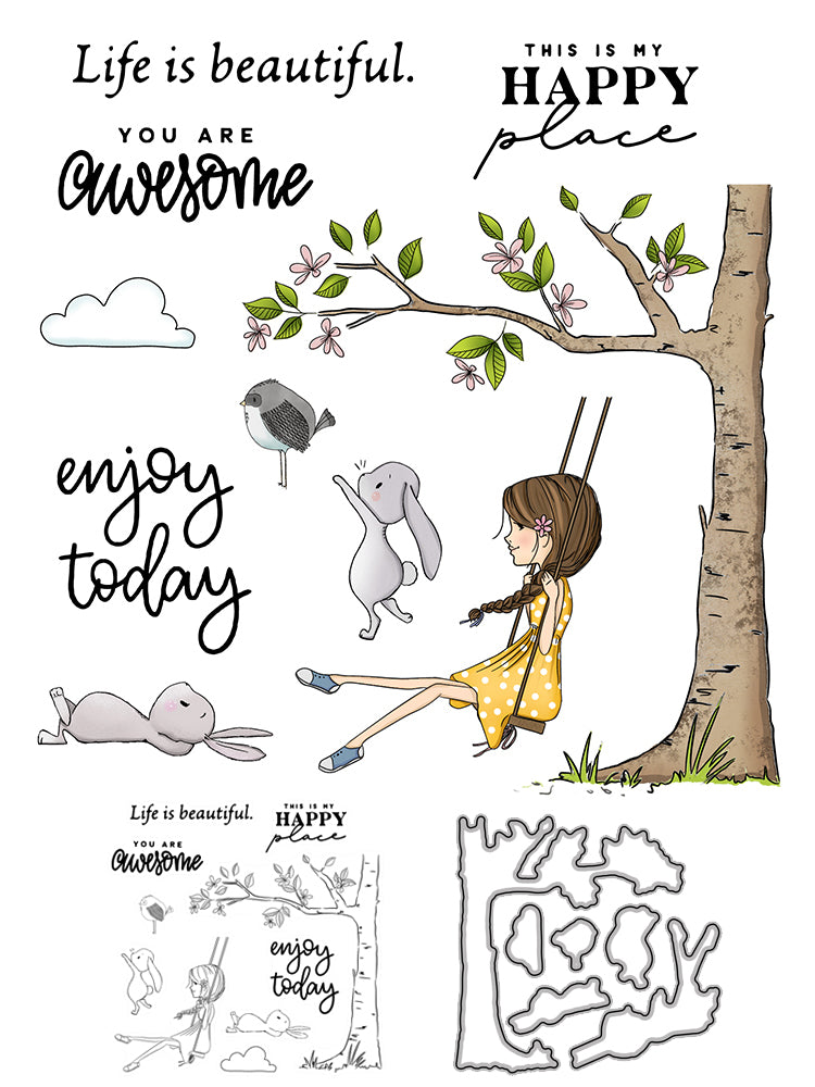 Girls And Rabbit Birds Enjoy Life Cutting Dies And Stamp Set YX506-S+D