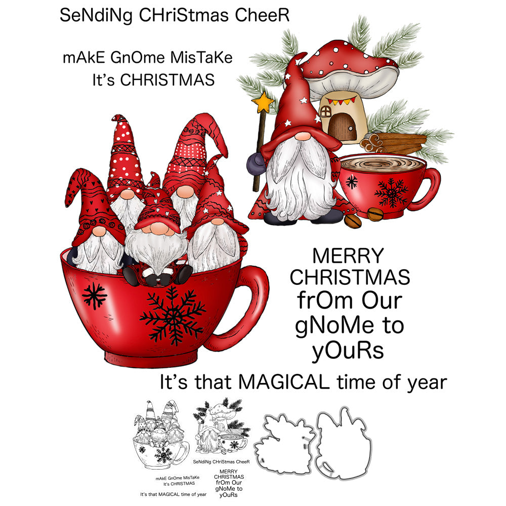Cute Christmas Gnome Coffee Mugs Cutting Dies And Stamp Set YX792-S+D