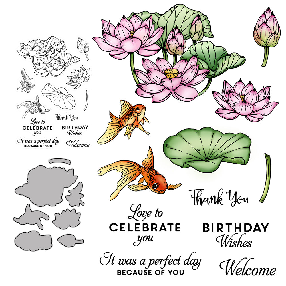 Summer Pond Lotus And Koi Cutting Dies And Stamp Set YX521-S+D