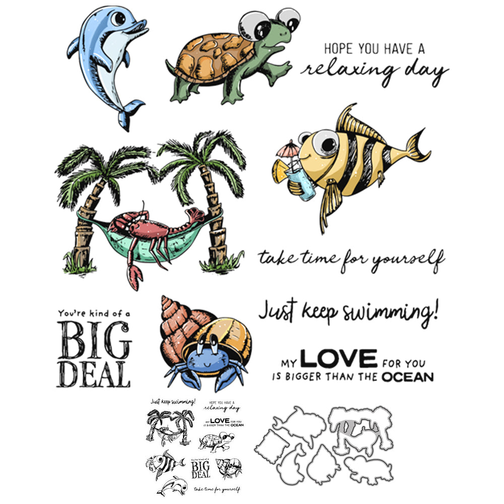 Summer Season Cute Marine Animals Cutting Dies And Stamp Set YX549-S+D