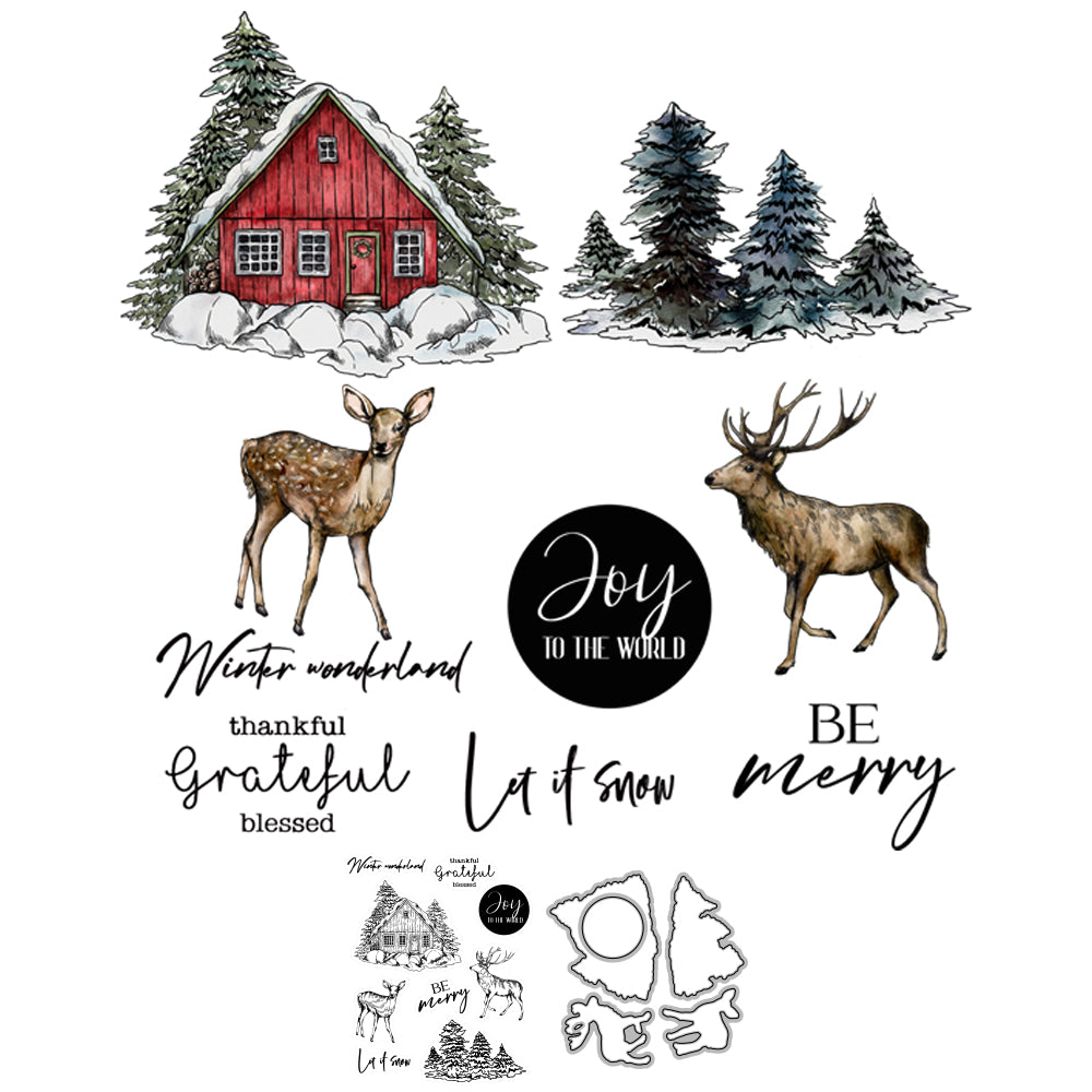 Cottage In Snow And Christmas Tree Reindeer Cutting Dies And Stamp Set YX779-S+D