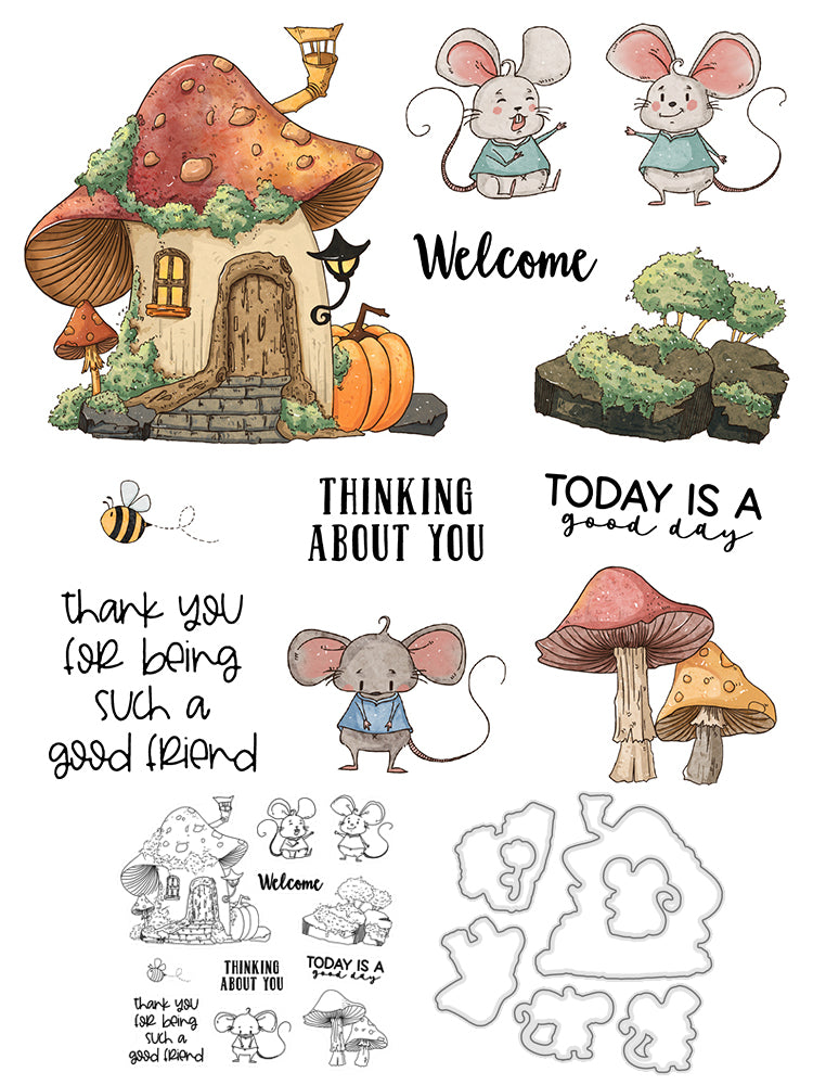 Mouse Mushroom House Cutting Dies And Stamp Set YX480-S+D