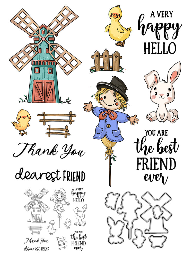 Scarecrow Windmill And Farm Animals Cutting Dies And Stamp Set YX487-S+D