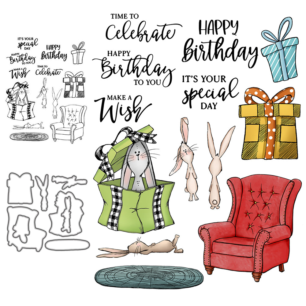 Cute Rabbits Gifts Happy Birthday Cutting Dies And Stamp Set YX509-S+D