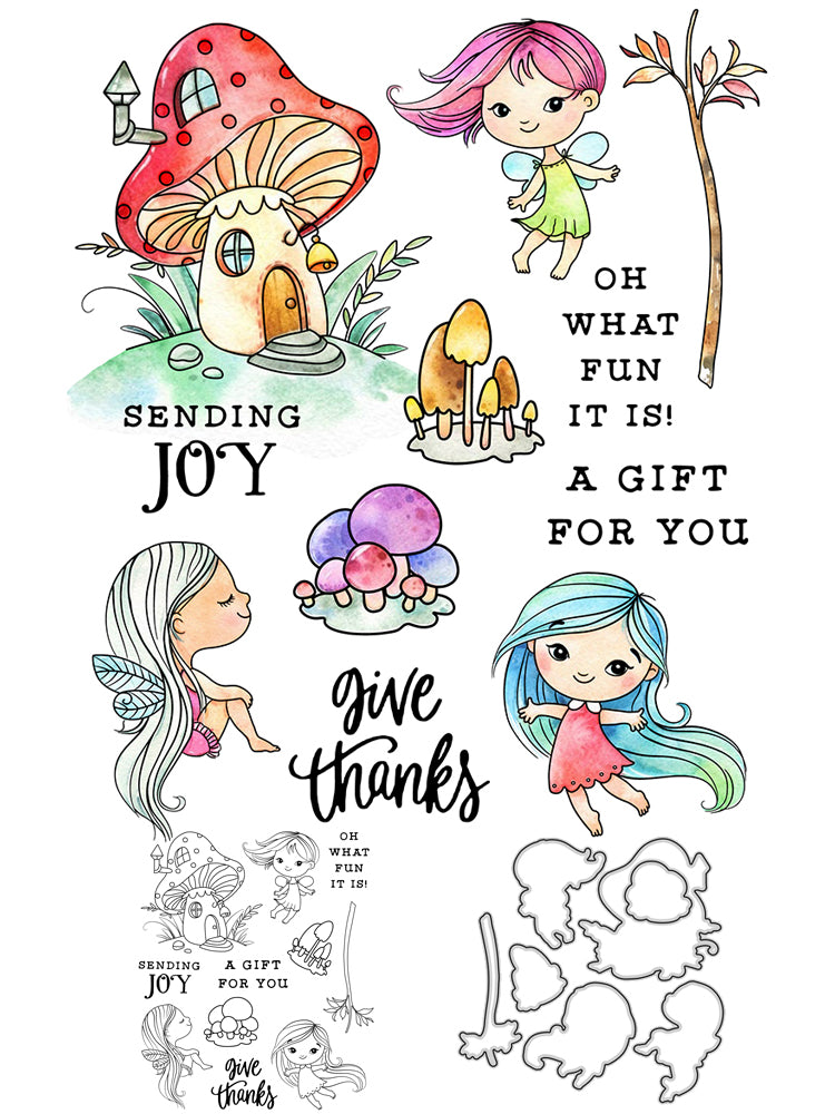 Forest Fairy Elf And Mushroom House Cutting Dies And Stamp Set YX491-S+D
