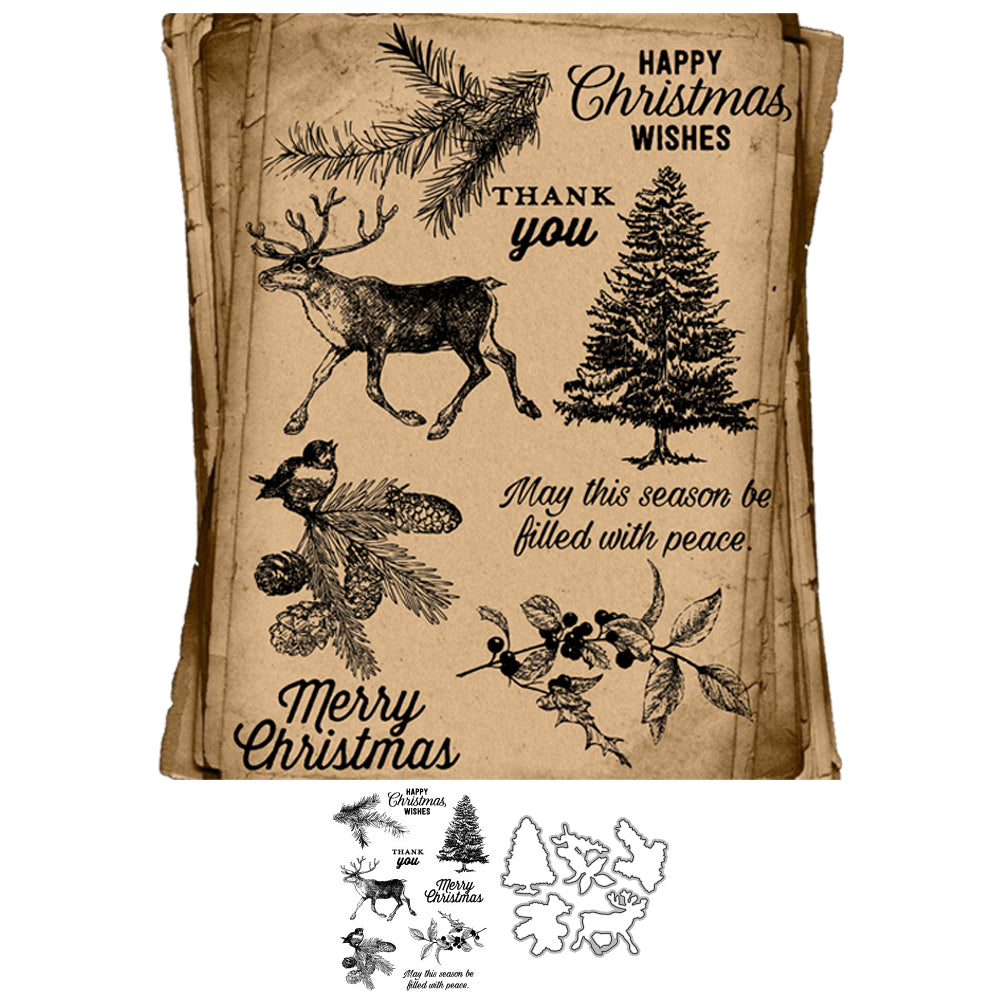 Vintage Winter Christmas Tree And Reindeer Cutting Dies And Stamp Set YX782-S+D
