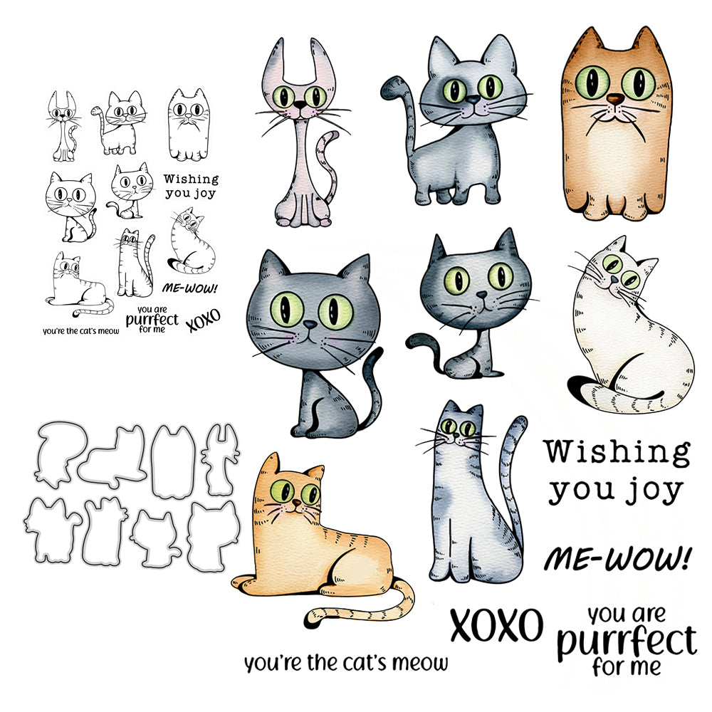 Cartoon Cute Big Eyes Cats Cutting Dies And Stamp Set YX502-S+D