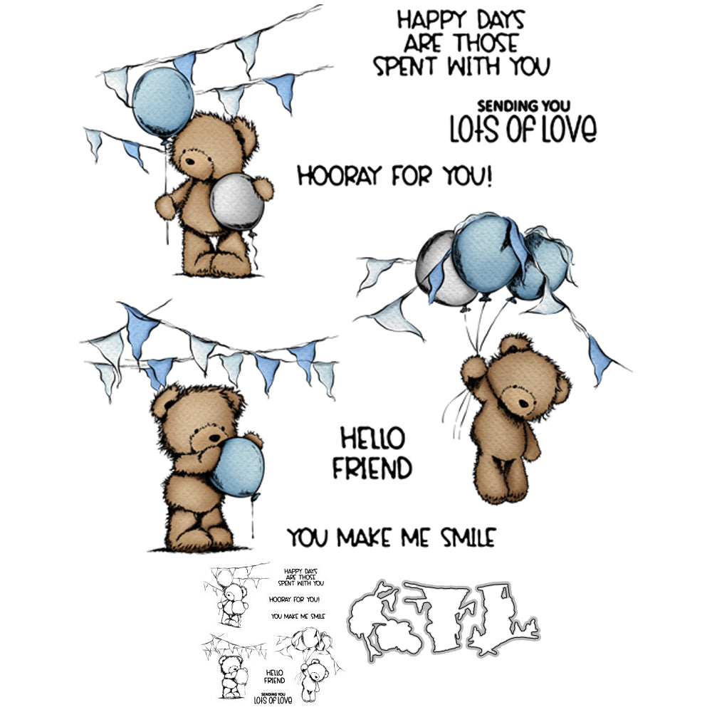 Cute Doll Bear Holding Balloons Cutting Dies And Stamp Set YX724-S+D