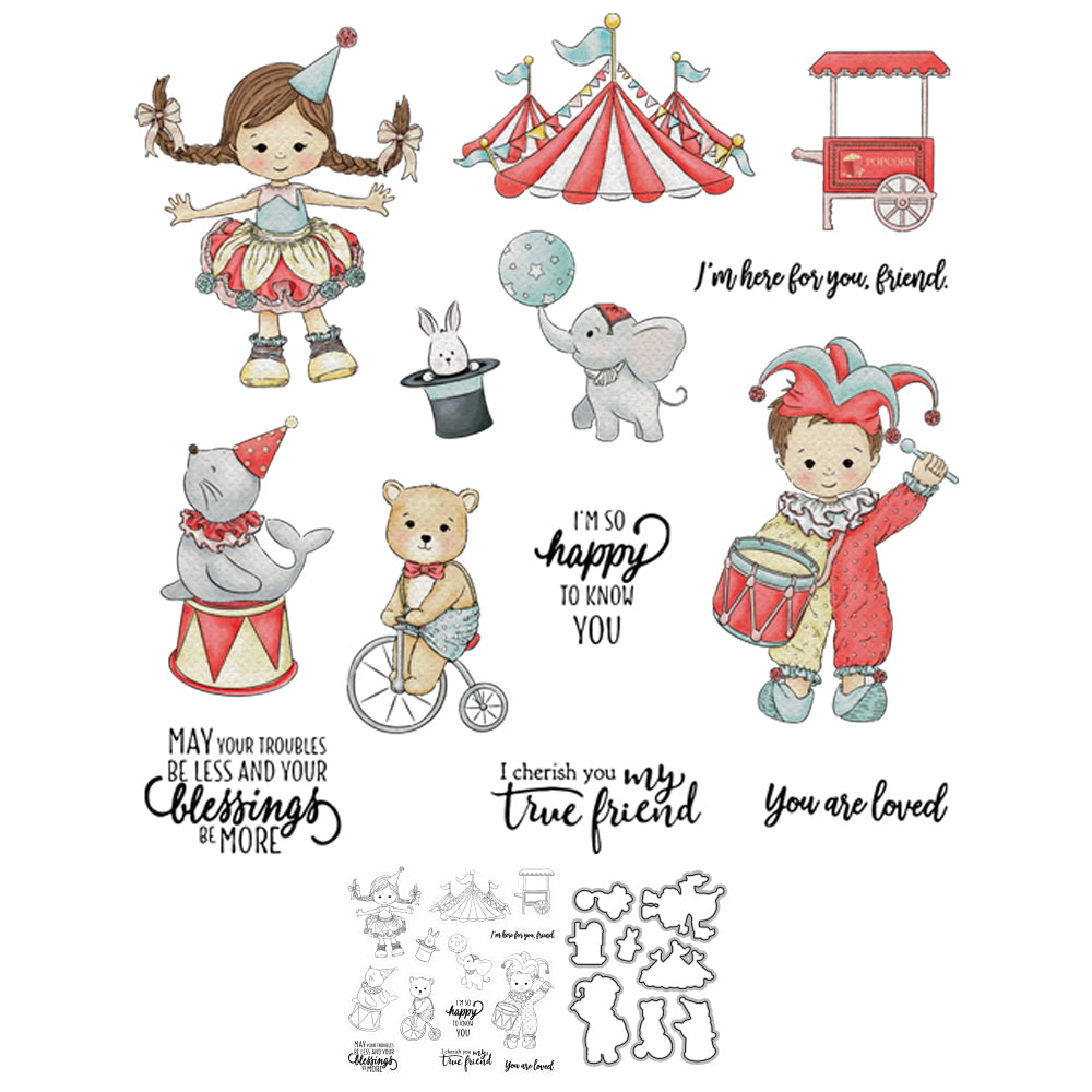 Adorable Boys Girls And Animals In Circus Cutting Dies And Stamp Set YX646-S+D