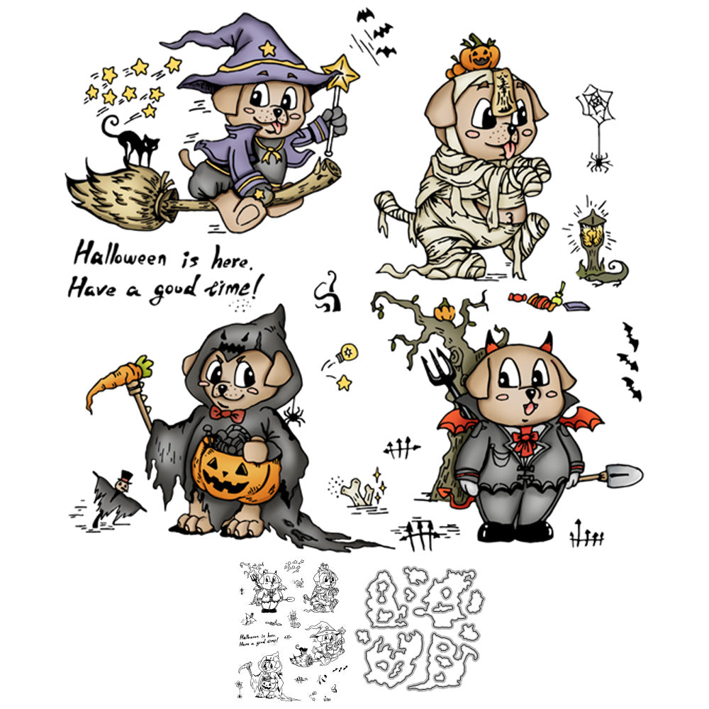 Cute Pet Dogs Pumpkin Ghost Halloween Cutting Dies And Stamp Set YX016-S+D