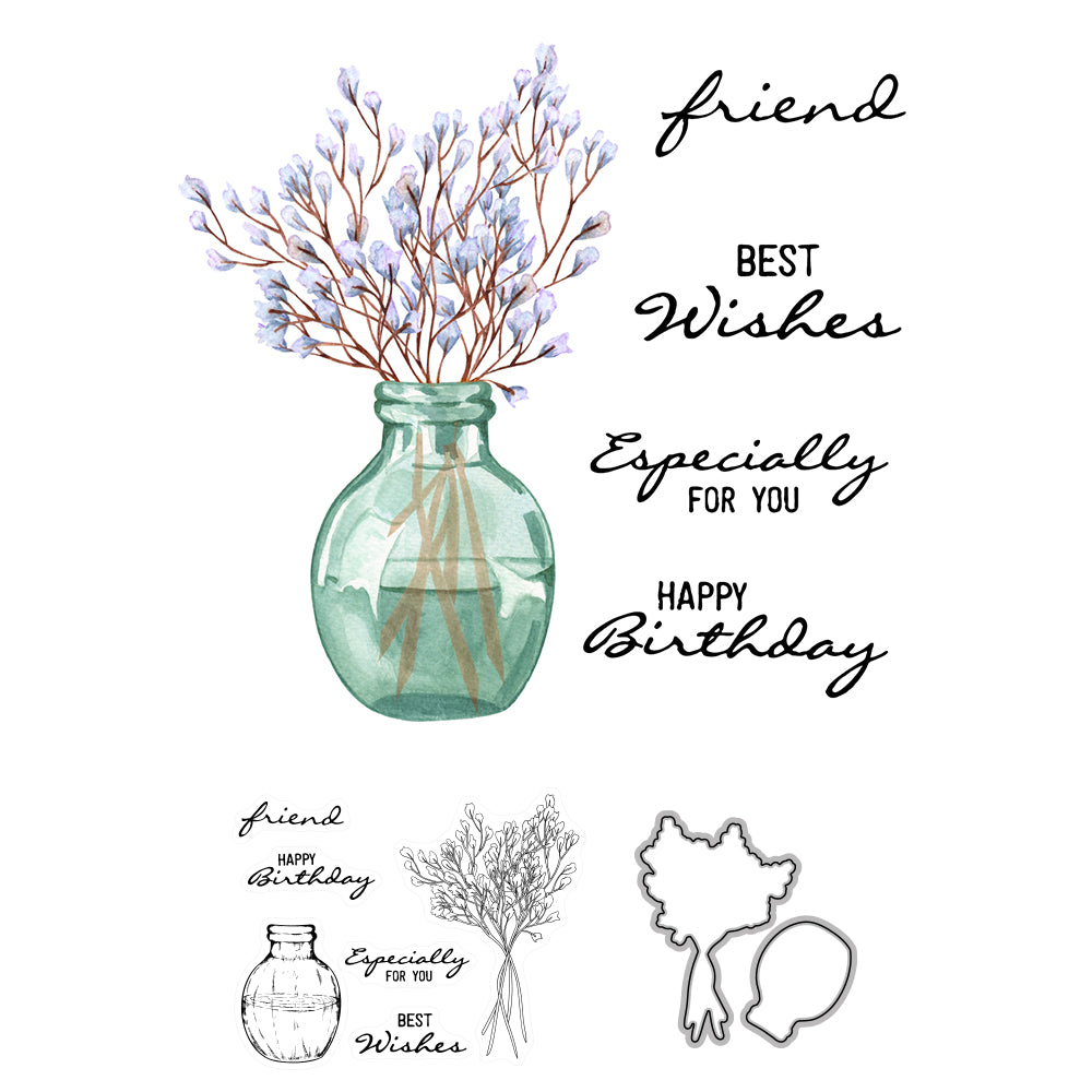 Home Desk Bottle Vase And Flowers Mini Cutting Dies And Stamp Set YX606-S+D