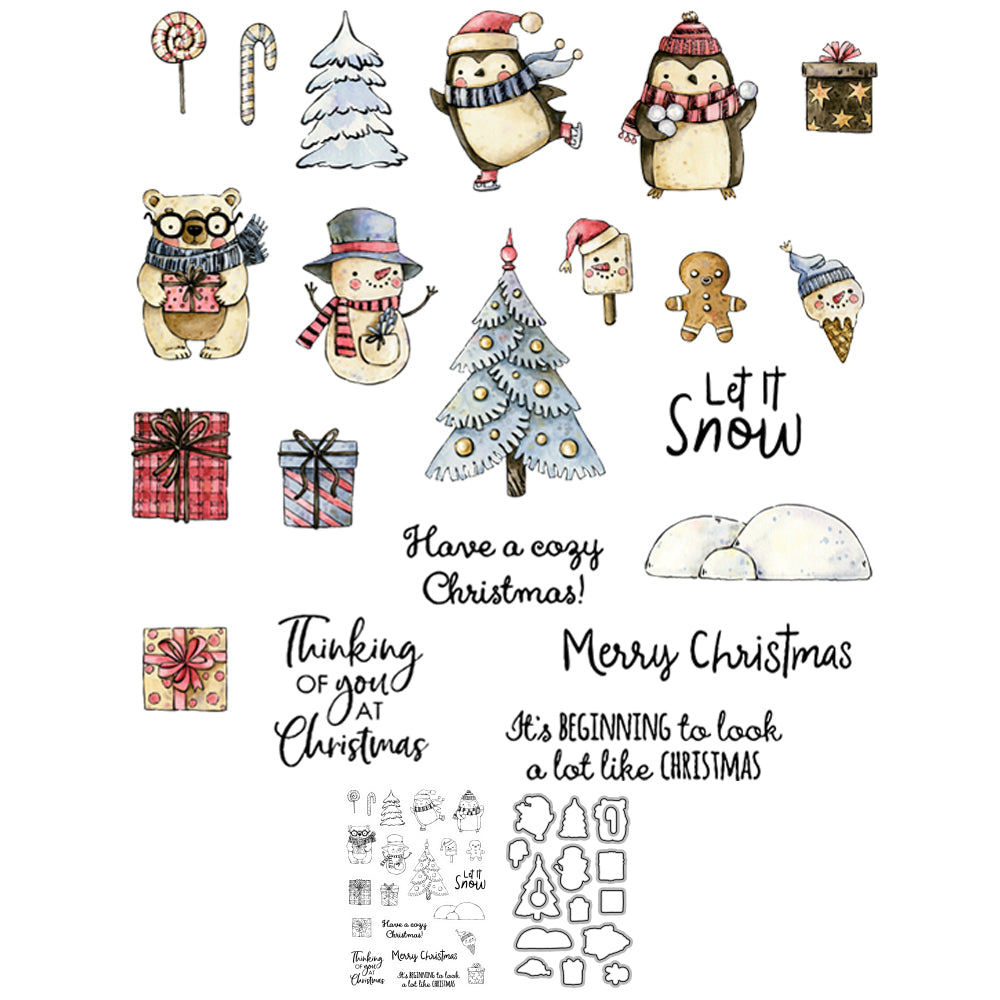 Winter Christmas Tree Snowman Penguin Bear Cutting Dies And Stamp Set YX722-S+D