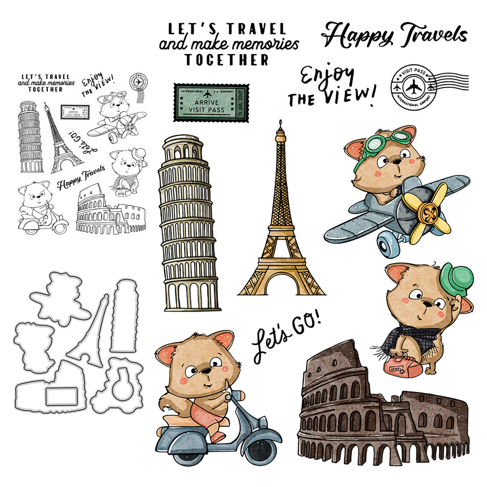 Cute Raccoon Travels Around The World Cutting Dies And Stamp Set YX490-S+D
