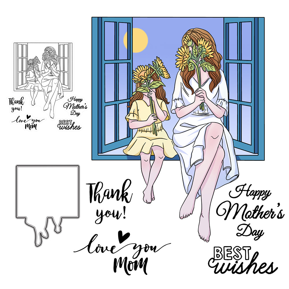 Mother Daughter Sit on Windowsill Mother's Day Daisy Cutting Dies And Stamp Set YX513-S+D