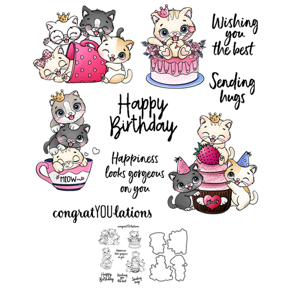 Cute Cats kitty & Cake Happy Birthday Cutting Dies And Stamp Set YX573-S+D