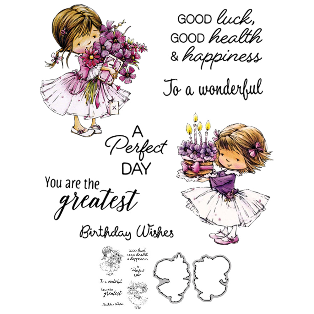 Little Girl Flowers And Cake Happy Bithday Cutting Dies And Stamp Set YX654-S+D