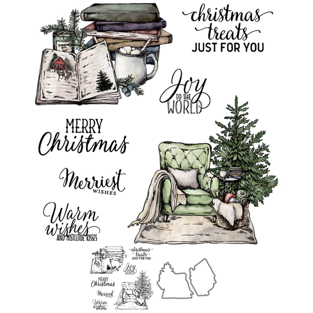 Merry Xmas Sofa & Books Christmas Tree Cutting Dies And Stamp Set YX776-S+D