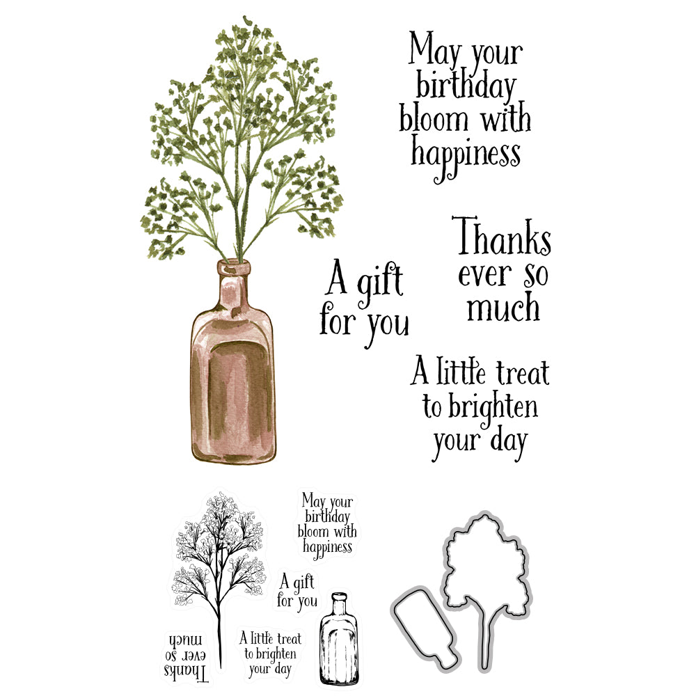 Flowers Leaves In Desk Vase Bottles Mini Cutting Dies And Stamp Set YX610-S+D