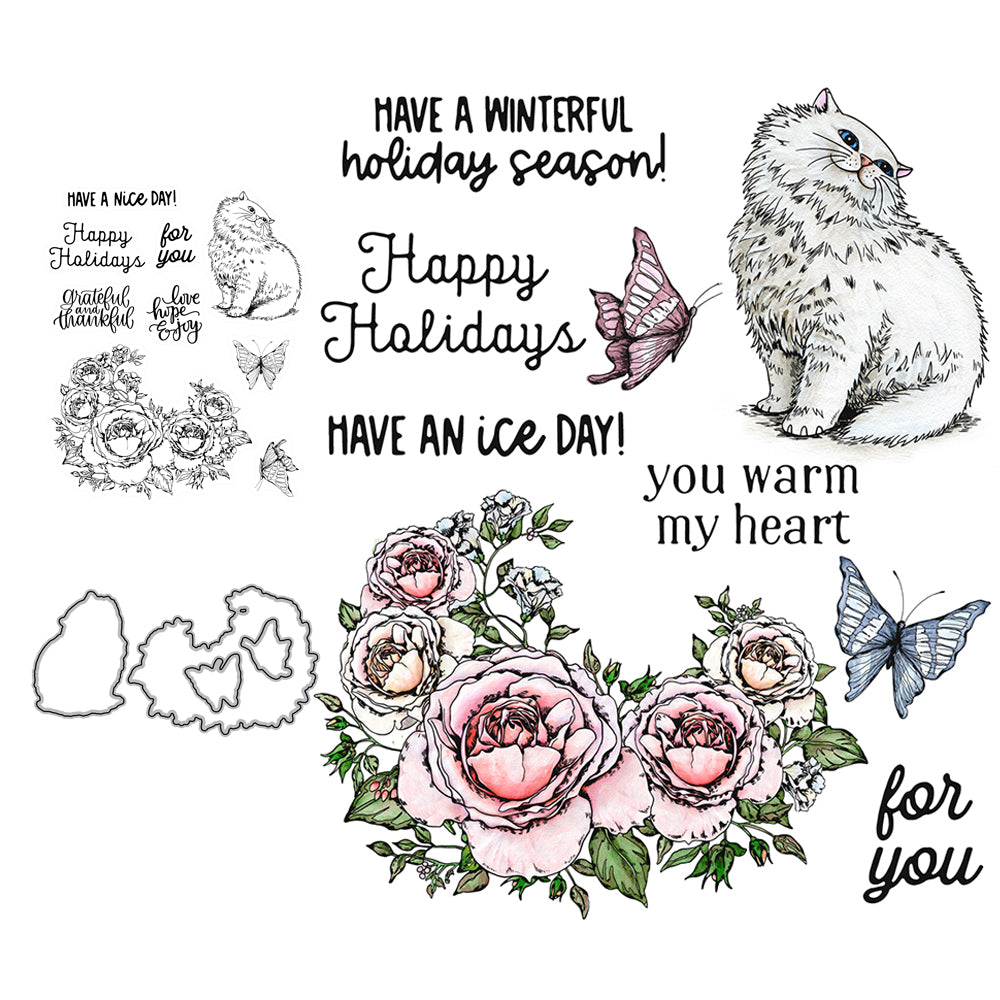 White Fatty Cat And Flowers Cutting Dies And Stamp Set YX507-S+D