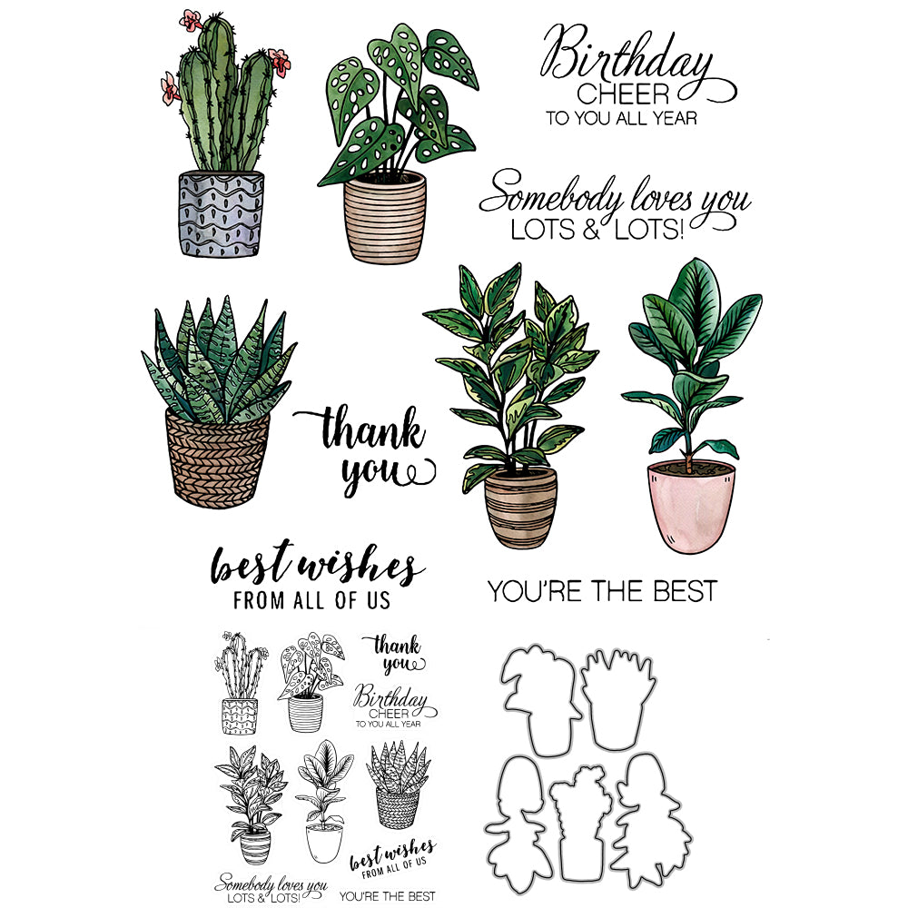 Green Potted Plants Garden Cactus Cutting Dies And Stamp Set YX536-S+D