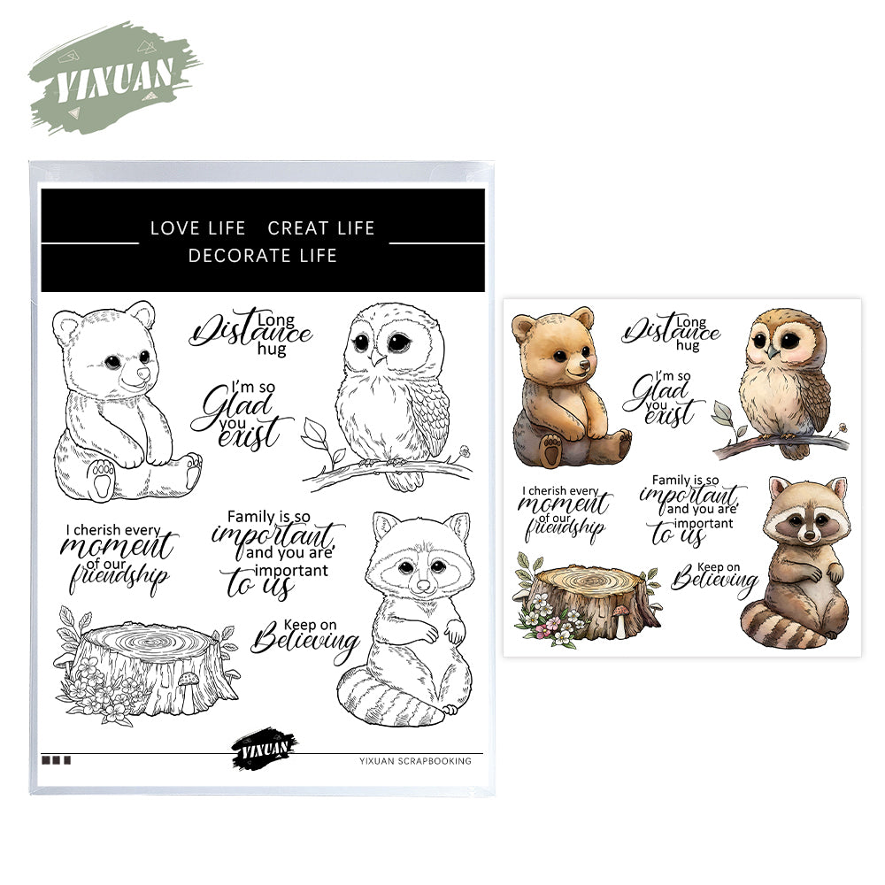 Cute Cartoon Owl Bear squirrel In Forest Clear Stamp YX1333