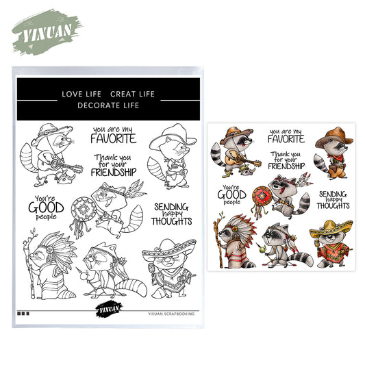 Kawaii Cartoon Tribe Musician Raccoon Cutting Dies And Stamp Set YX1280-S+D