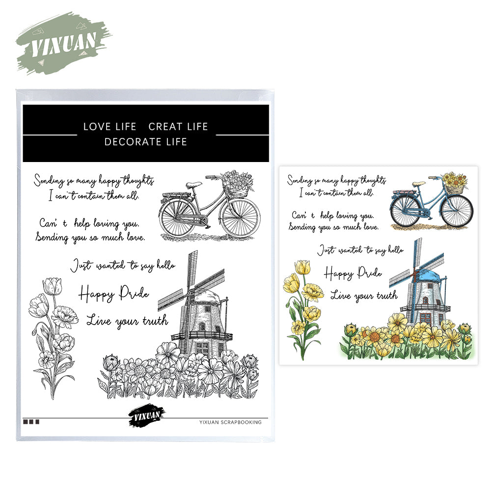 Windmill Bicycle And Blooming Flowers Clear Stamp YX1315
