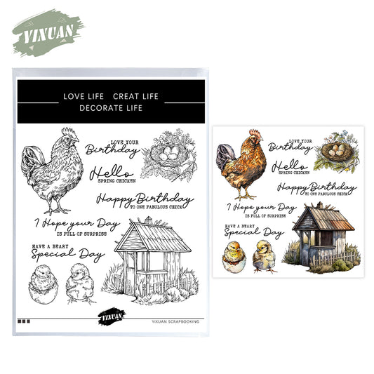 Cock Chick And Eggs Vintage Clear Stamp YX1265