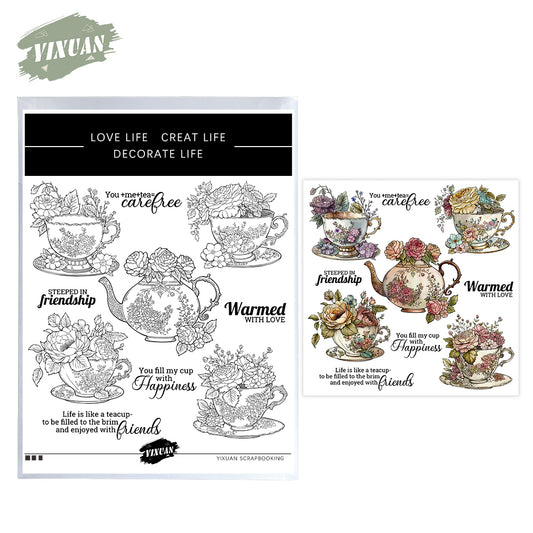 Roses Flowers And Vintage Tea Cups Set Tea Time Cutting Dies And Stamp Set YX1416-S+D