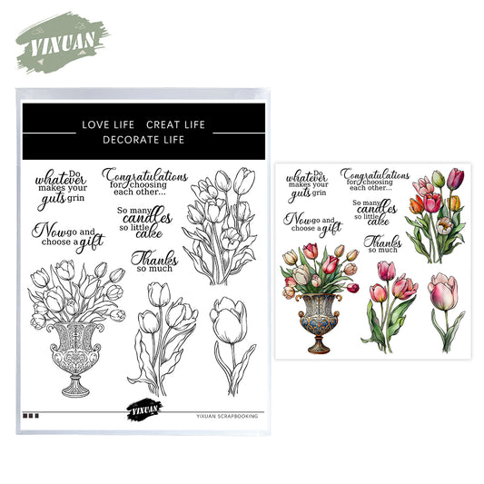 Vintage Vase Blooming Tulips Flowers Cutting Dies And Stamp Set YX1390-S+D