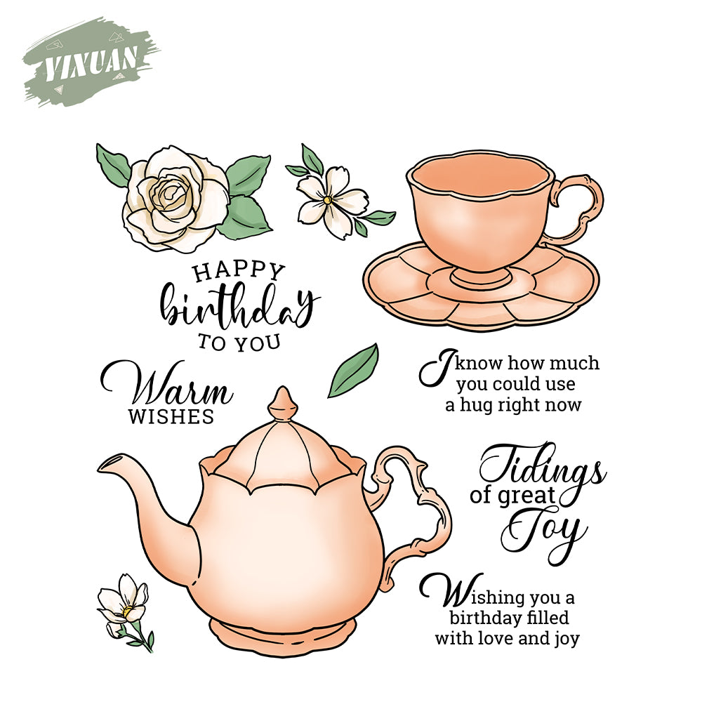 Vintage Flowers Tea Time And Tea Set Pot Clear Stamp YX1253-S