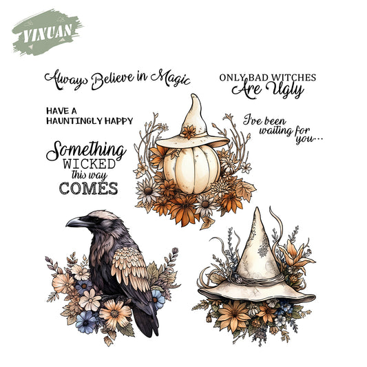 Halloween Pumpkin Crow Witches In Flowers Clear Stamp YX1412-S