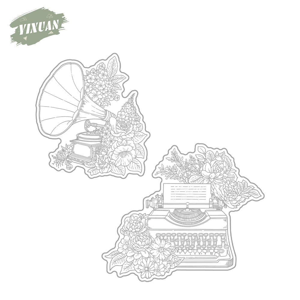 Vintage Typewriter Phonograph And Flowers Cutting Dies And Stamp Set YX1336-S+D