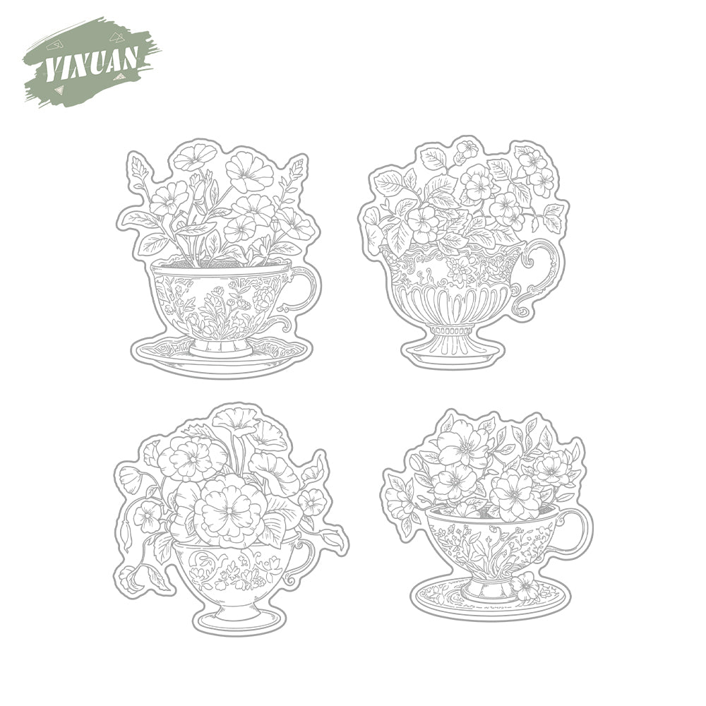 Blooming Flowers In Vintage Tea Cups Tea Time Cutting Dies And Stamp Set YX1382-S+D
