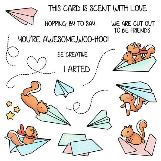 Creative Cute Squirrel On Paper Plane Cutting Dies And Stamp Set YX1328-S+D