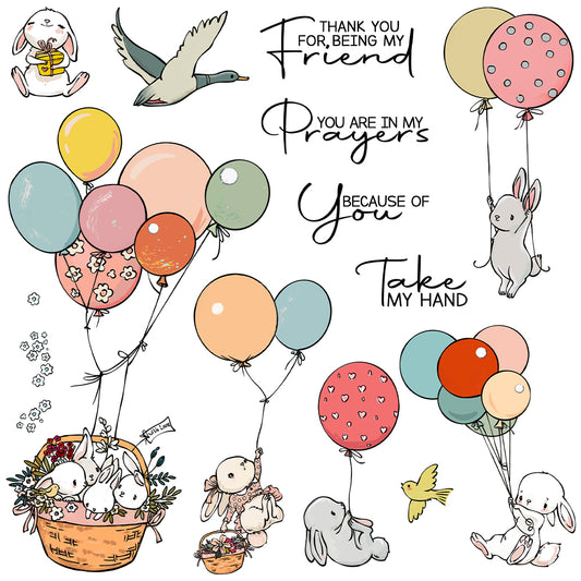 Cute Rabbits Holding Flying Balloons Cutting Dies And Stamp Set YX1305-S+D