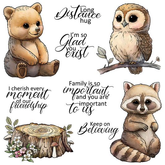 Cute Cartoon Owl Bear squirrel In Forest Clear Stamp YX1333