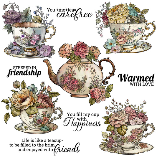 Roses Flowers And Vintage Tea Cups Set Tea Time Cutting Dies And Stamp Set YX1416-S+D